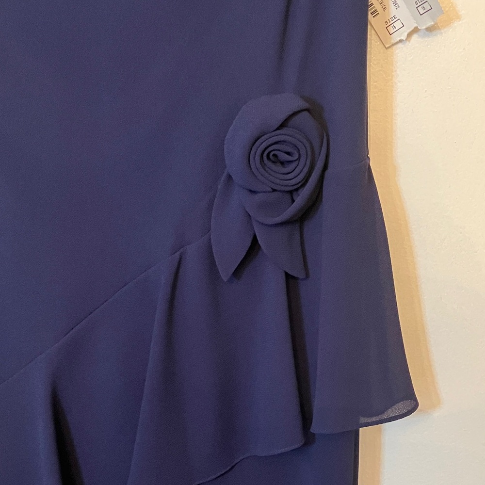 Elegant Navy Asymmetrical Dress with Floral Detail